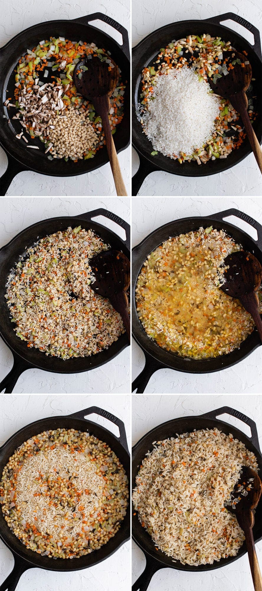 6 image collage showing how to make rice pilaf