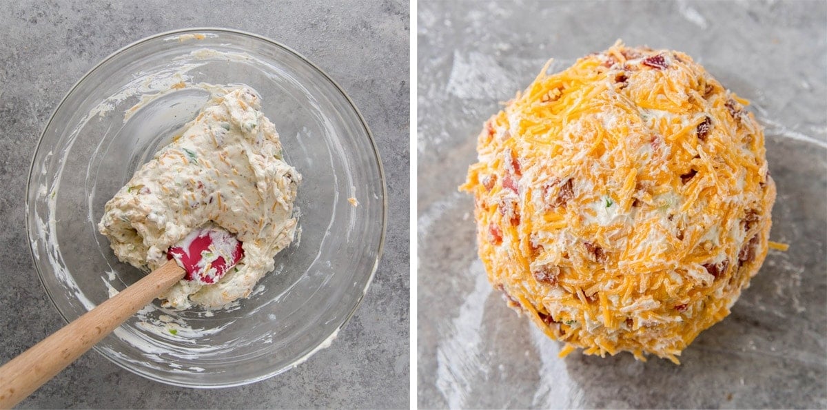 collage of images showing steps for making a cheeseball