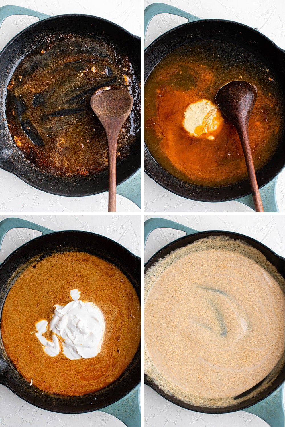 collage of images showing how to make sauce in a pan