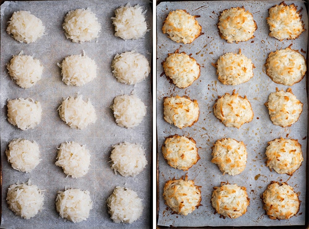 two images of coconut macaroons on baking sheet