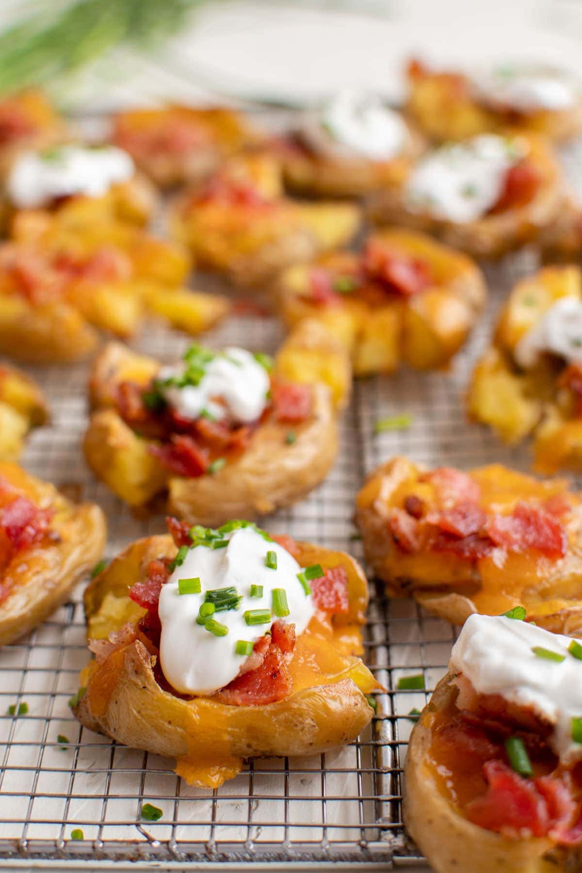 potatoes smashed and topped with bacon, cheese sour cream green onions