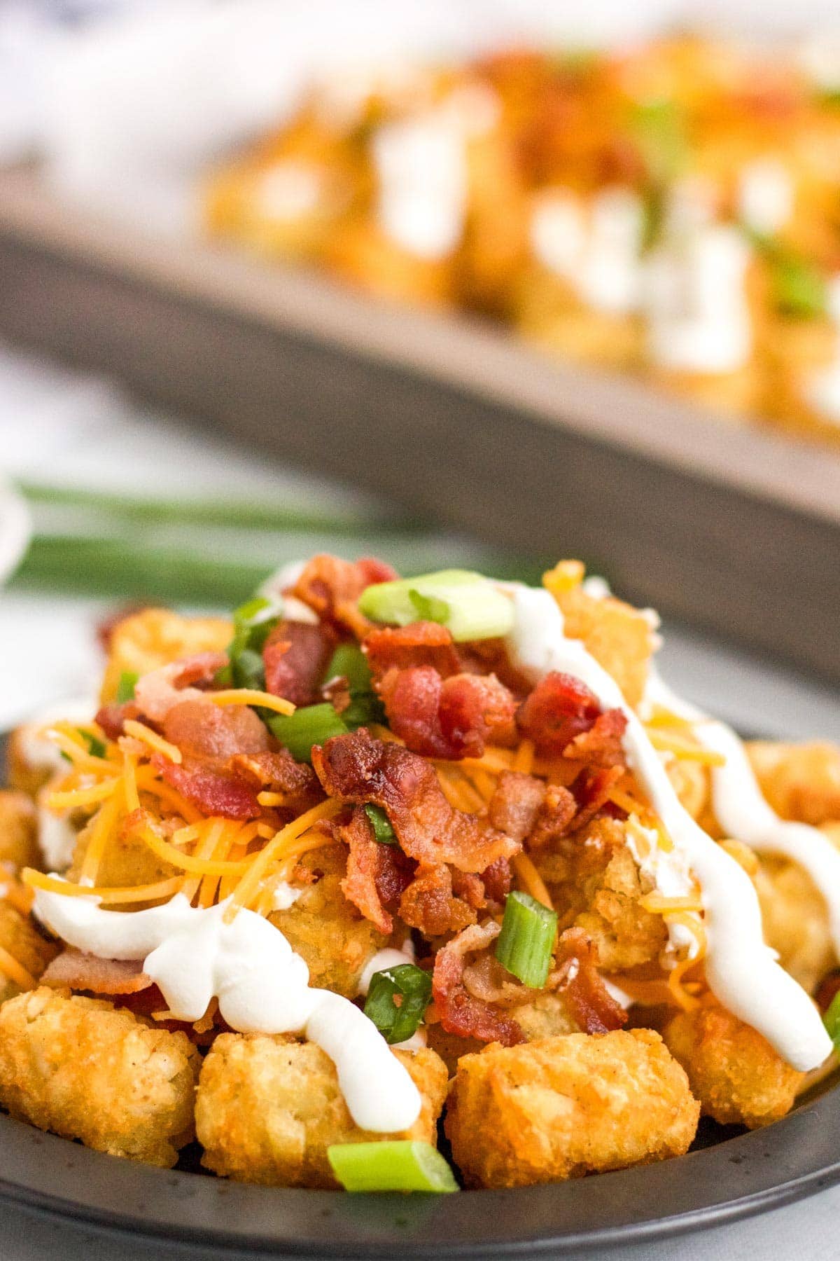 side view of stacked totchos or tater tots with cheese, bacon, sour cream and onions