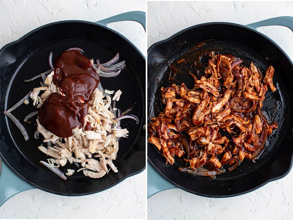 collage of 2 images of chicken and onions in a black skillet with bbq sauce