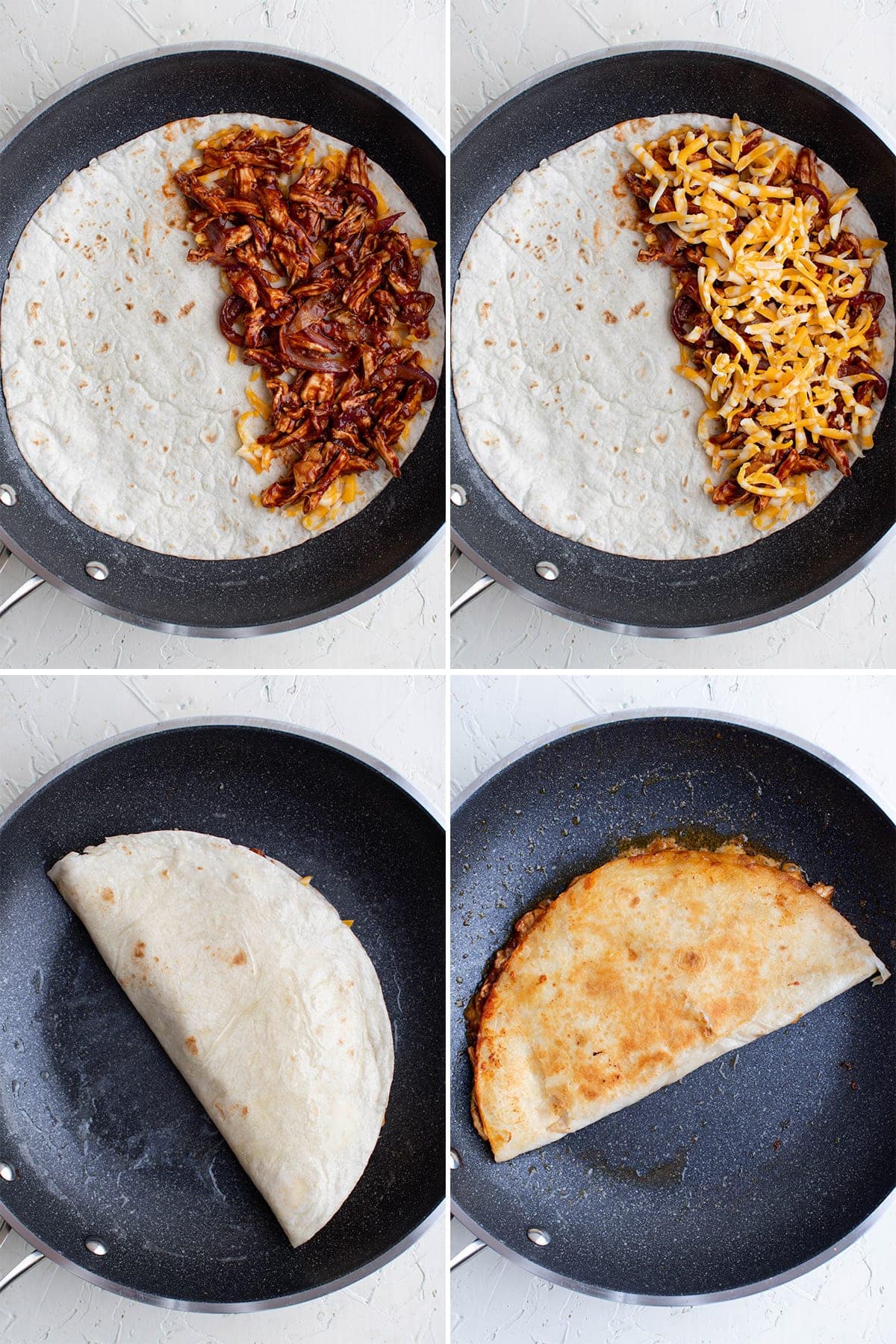 4 image collage of how to make chicken quesadillas