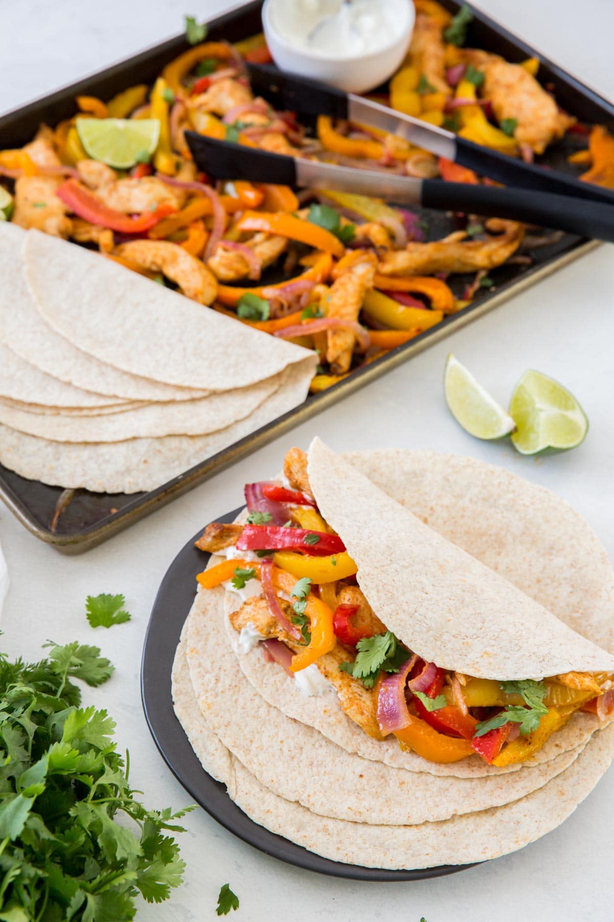 sheet pan, chicken vegetables, tortillas, cilantro