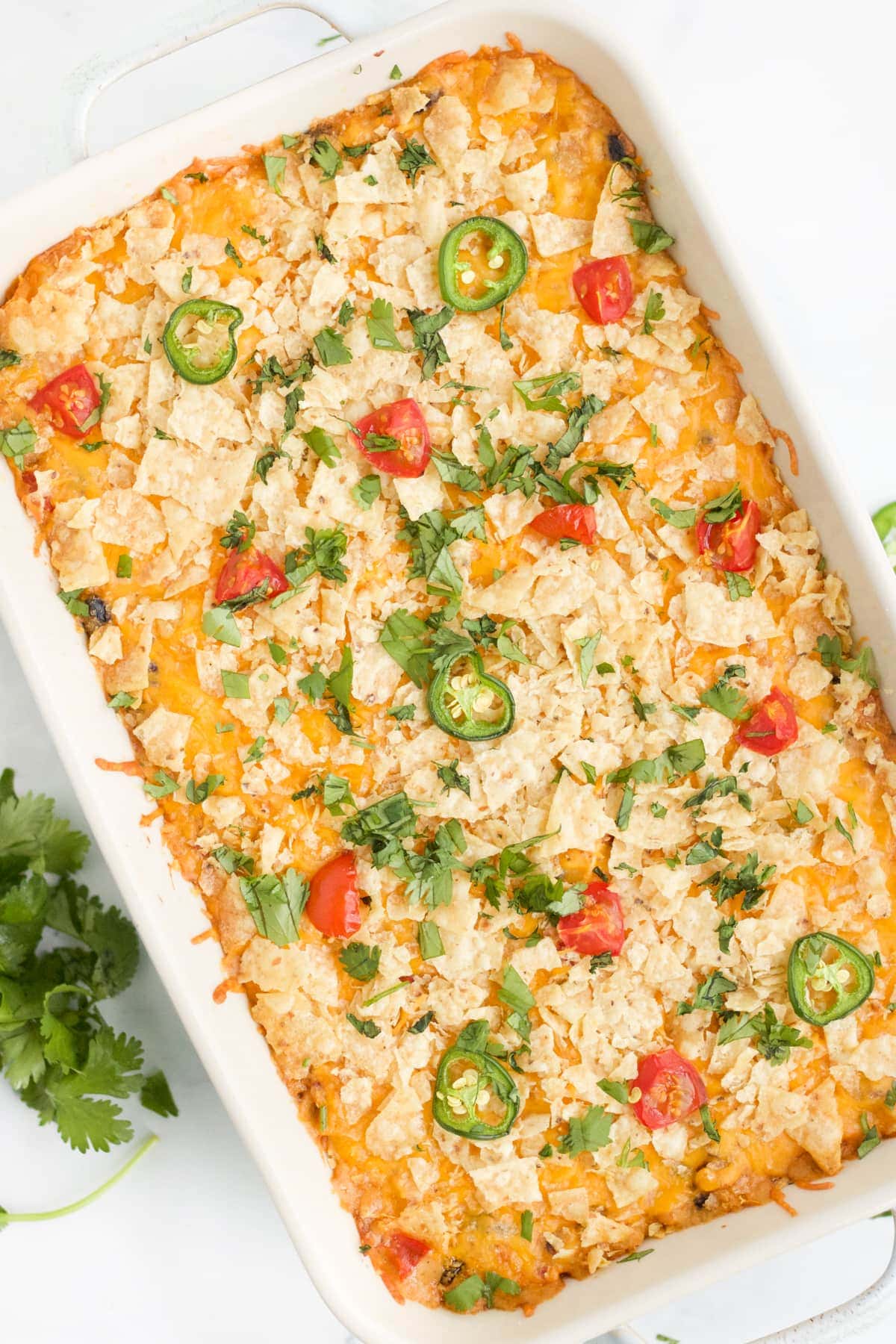 An overhead image of chicken taco casserole