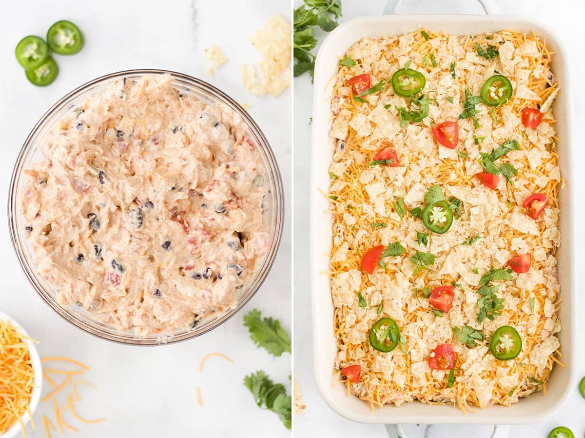 casserole de tacos au poulet mélangée dans un arc, et dans un plat à gratin