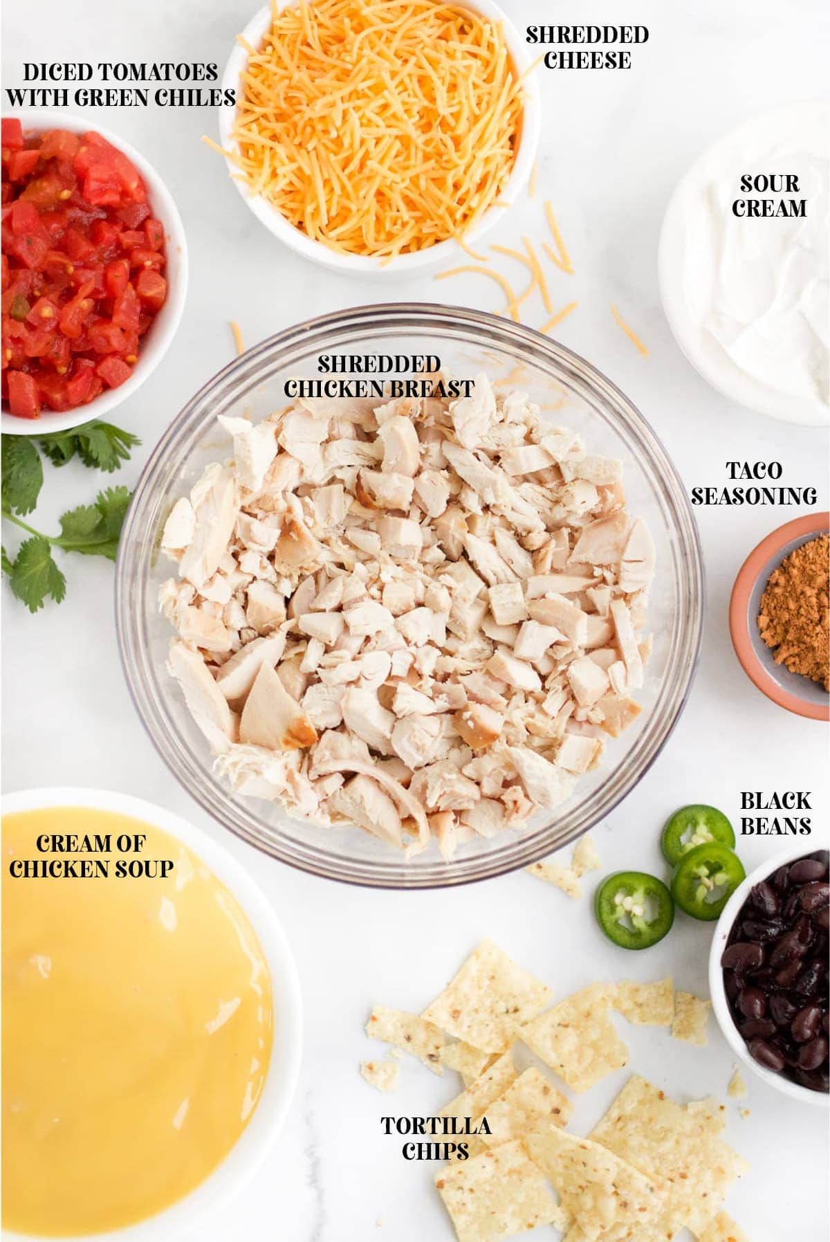 ingredients for chicken taco casserole, labeled