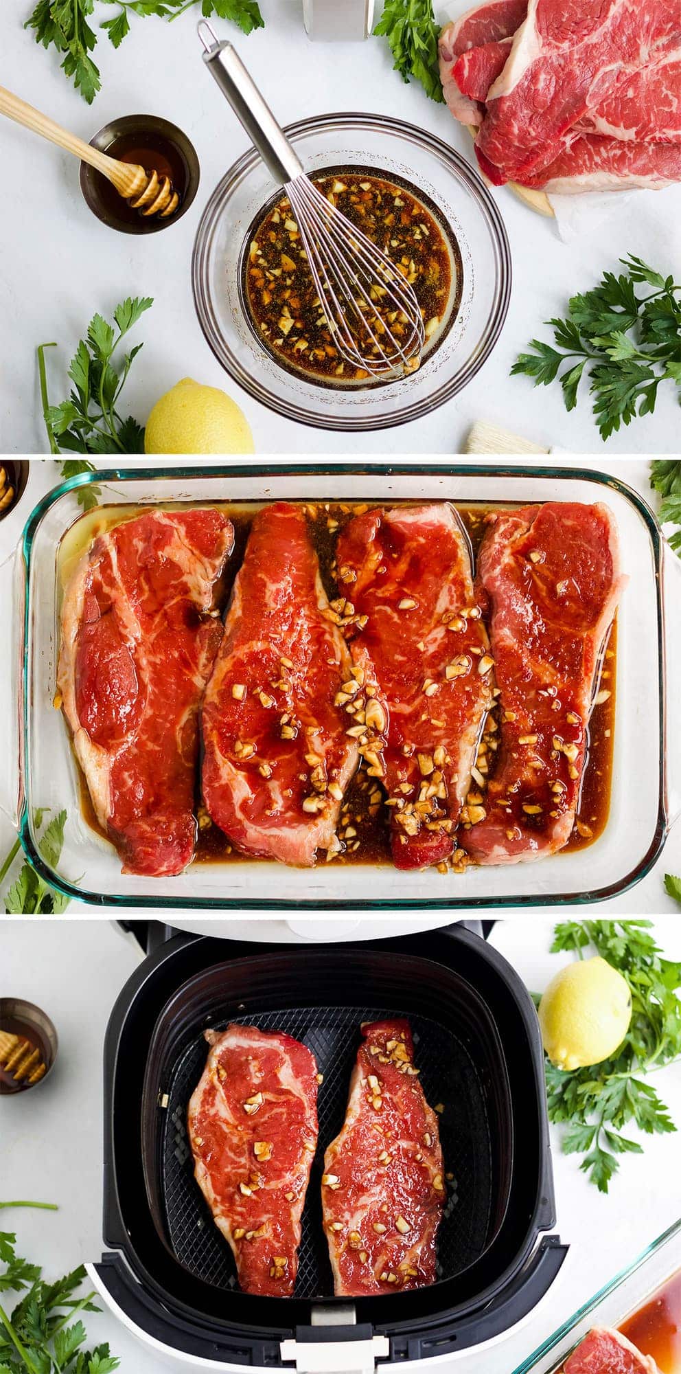 collage of images showing how to make air fryer steak