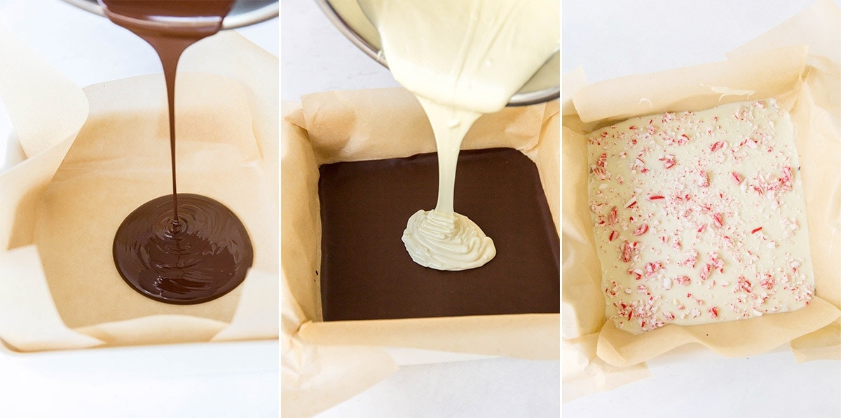 pouring chocolate into a pan, crushed candy canes on top