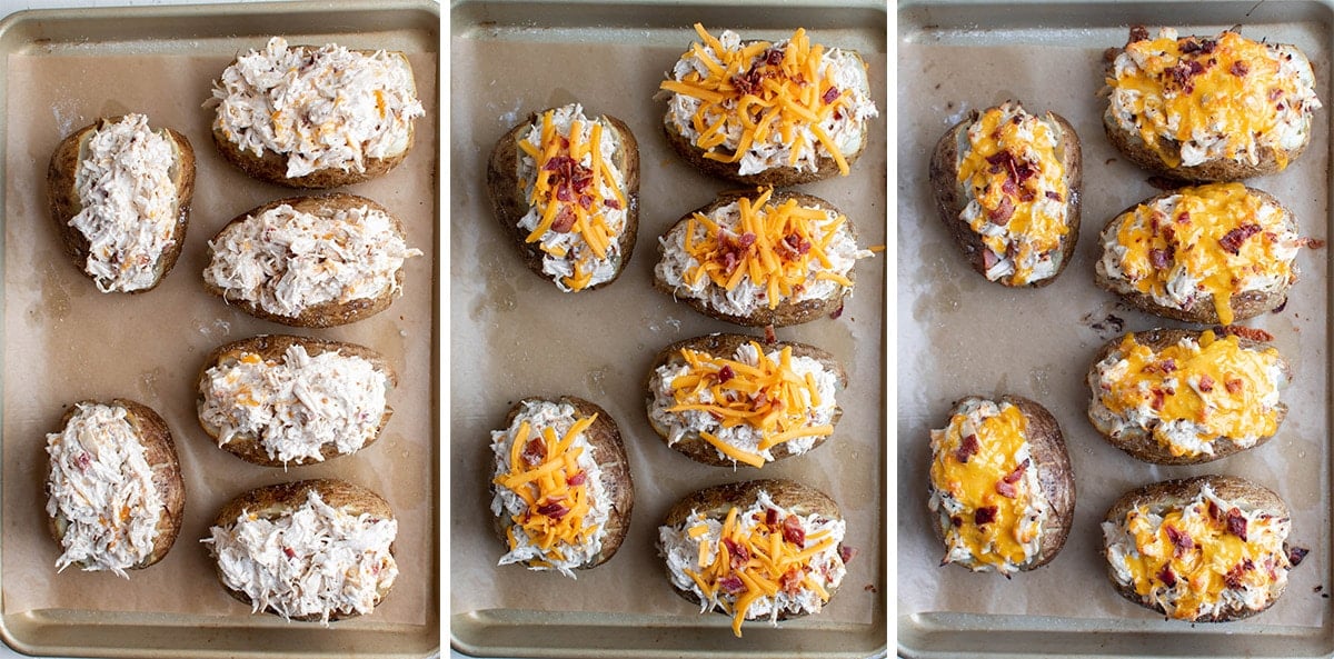 collage of images showing how to stuff baked potatoes