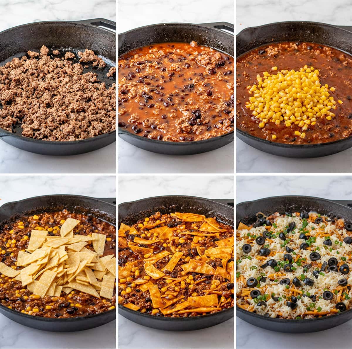 collage showing the process of making skillet enchiladas