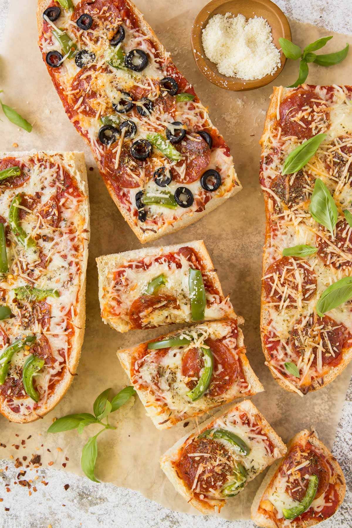 parchment paper, french bread pizzas, cheese