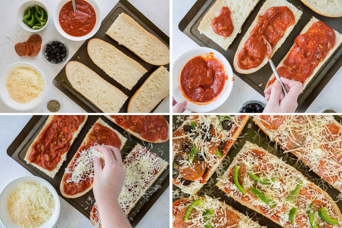 collage of images showing how to make french bread pizza