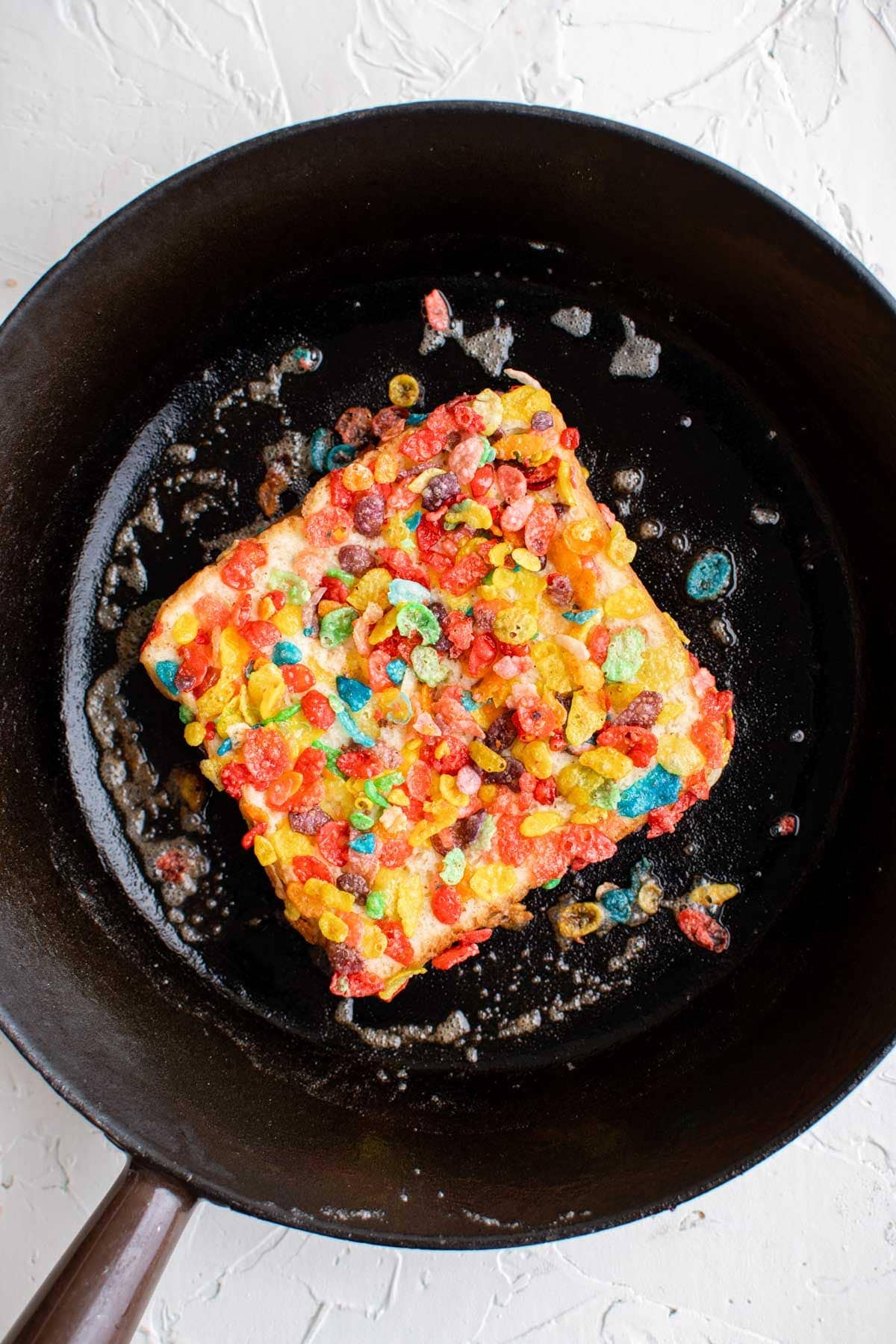 skillet, french toast with fruity pebbles cereal