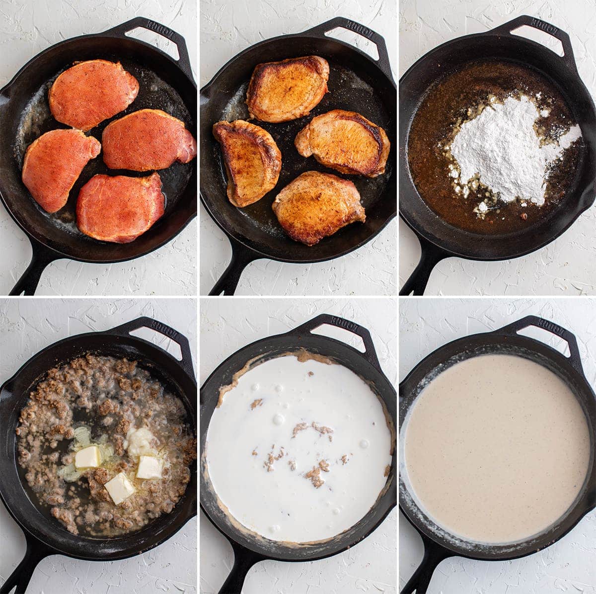 collage of skillet pork chops and how to make gravy
