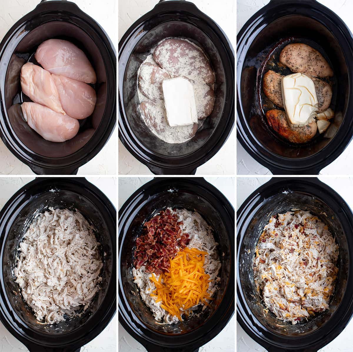 collage of images showing how to make slow cooker crack chicken