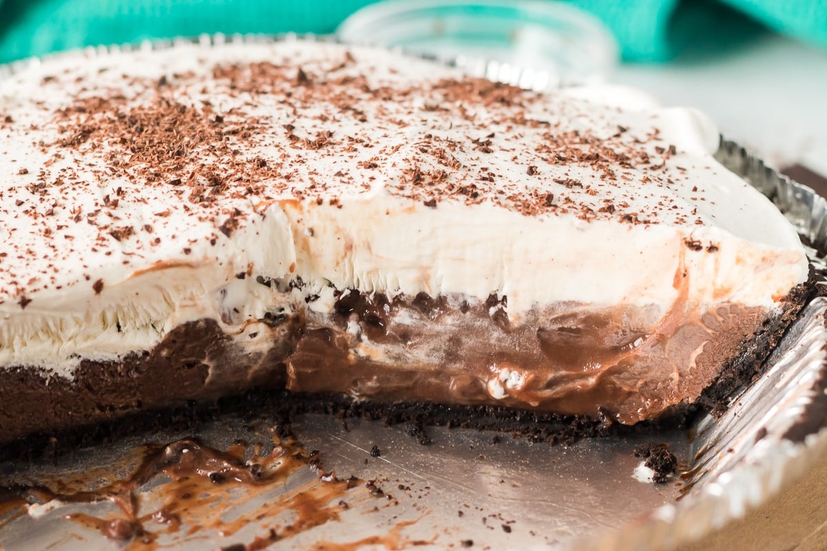 inside shot of chocolate cream pie in tin