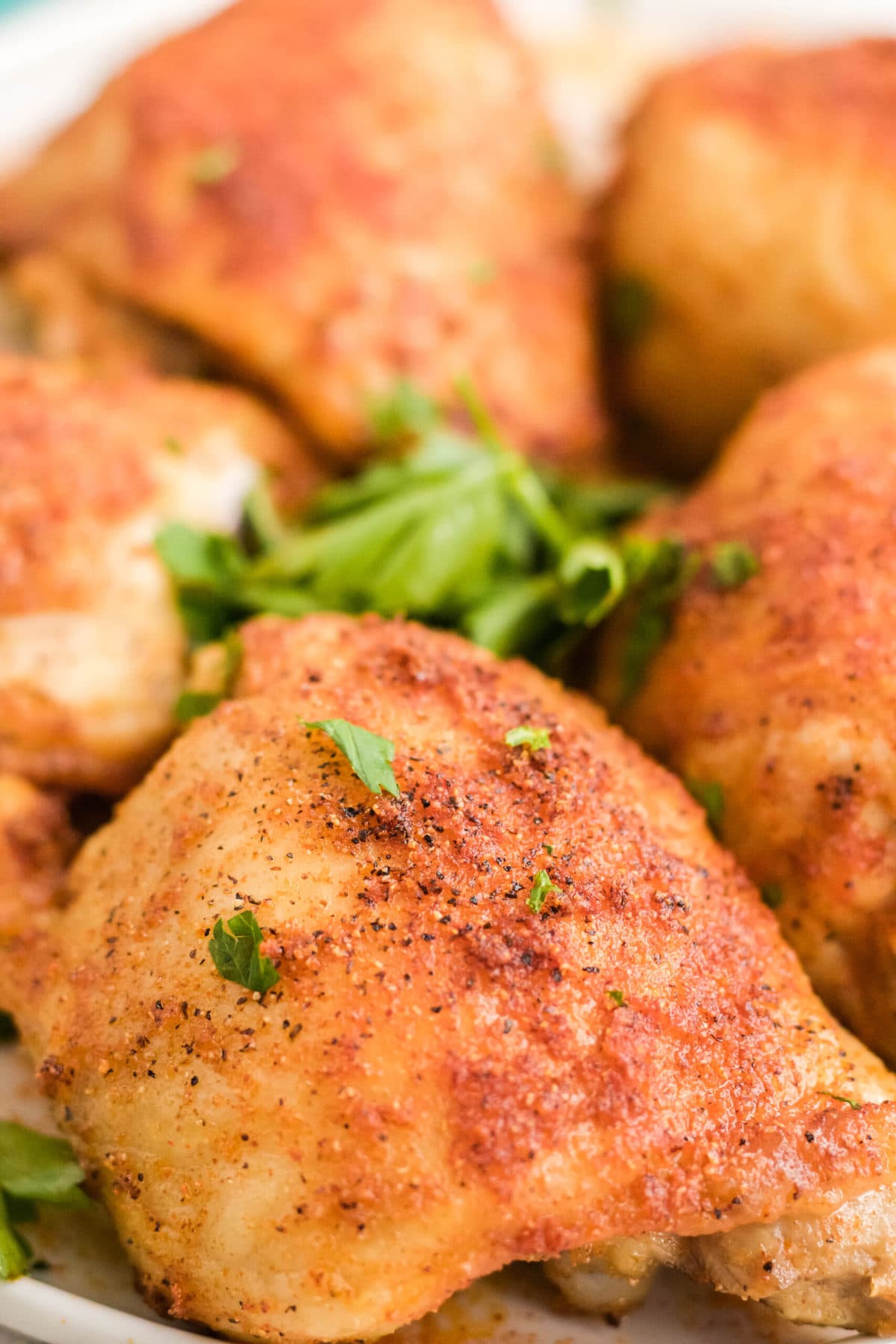 crispy air fried bone in chicken thighs, parsley