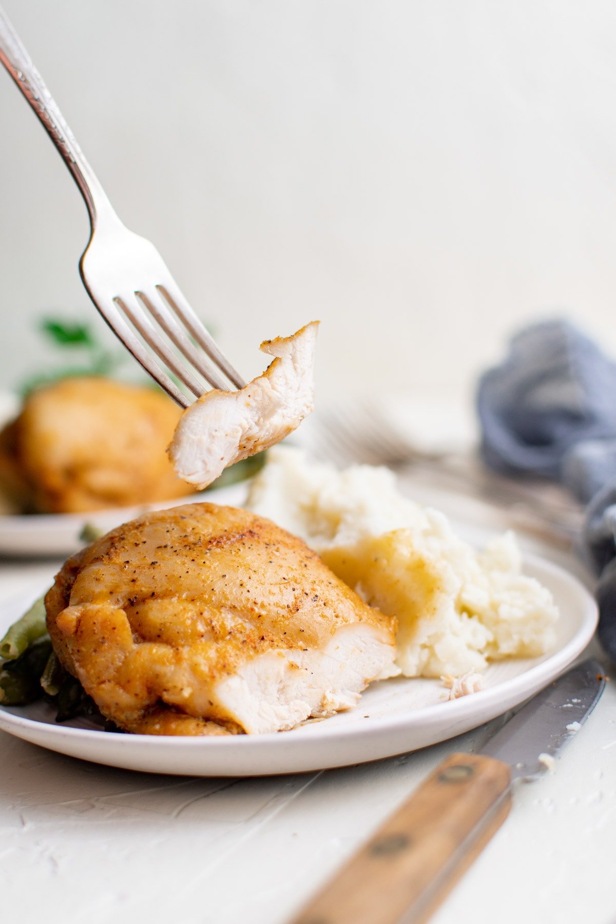 bonelss chicken thighs, sliced fork