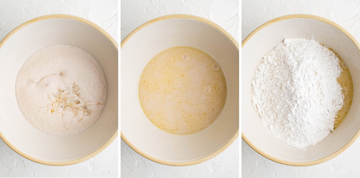 collage of photos showing how to mix the yeast and flour for homemade pretzels