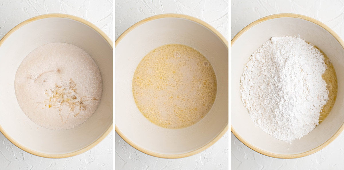 collage of photos showing how to mix the yeast and flour for homemade pretzels