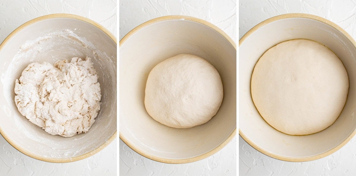 collage of photos showing how to mix the yeast and flour for homemade pretzels