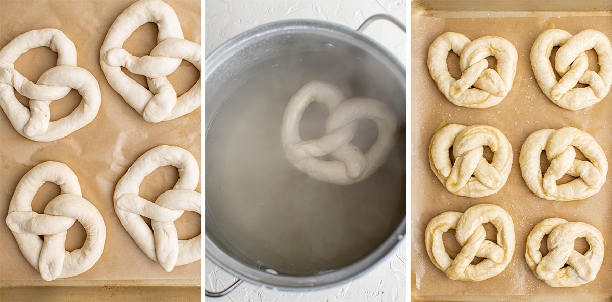 collage of images showing how to shape pretzels, baking soda bath, baking sheets with parchment paper