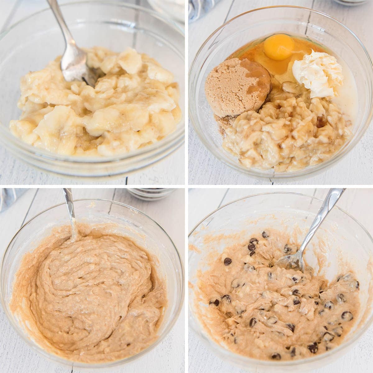 collage of process shot for making banana chocolate chip muffins