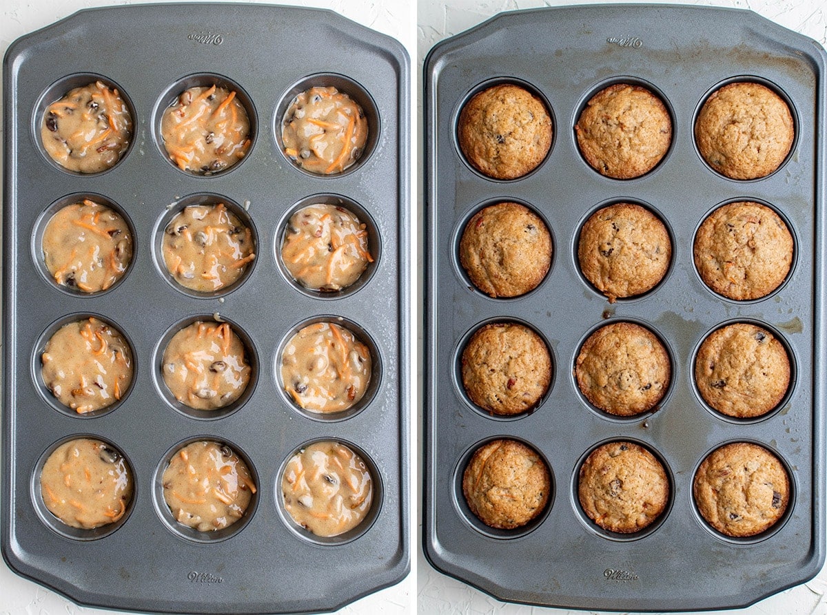 2 images of muffin batter in a 12 count muffin pan, then baked in the pan