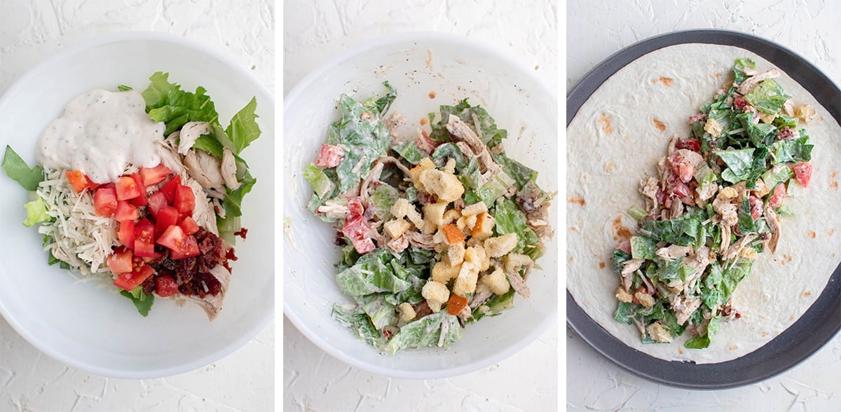 collage of images showing how to make caesar salad