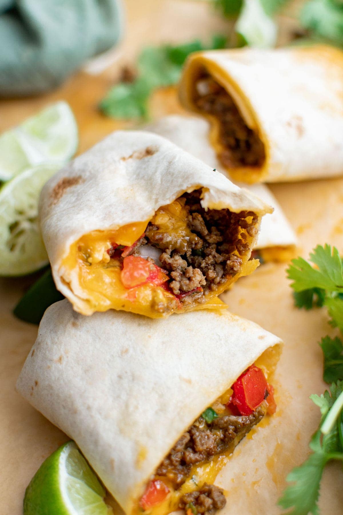 ground beef, cheese and pico de gallow wrapped in flour tortillas