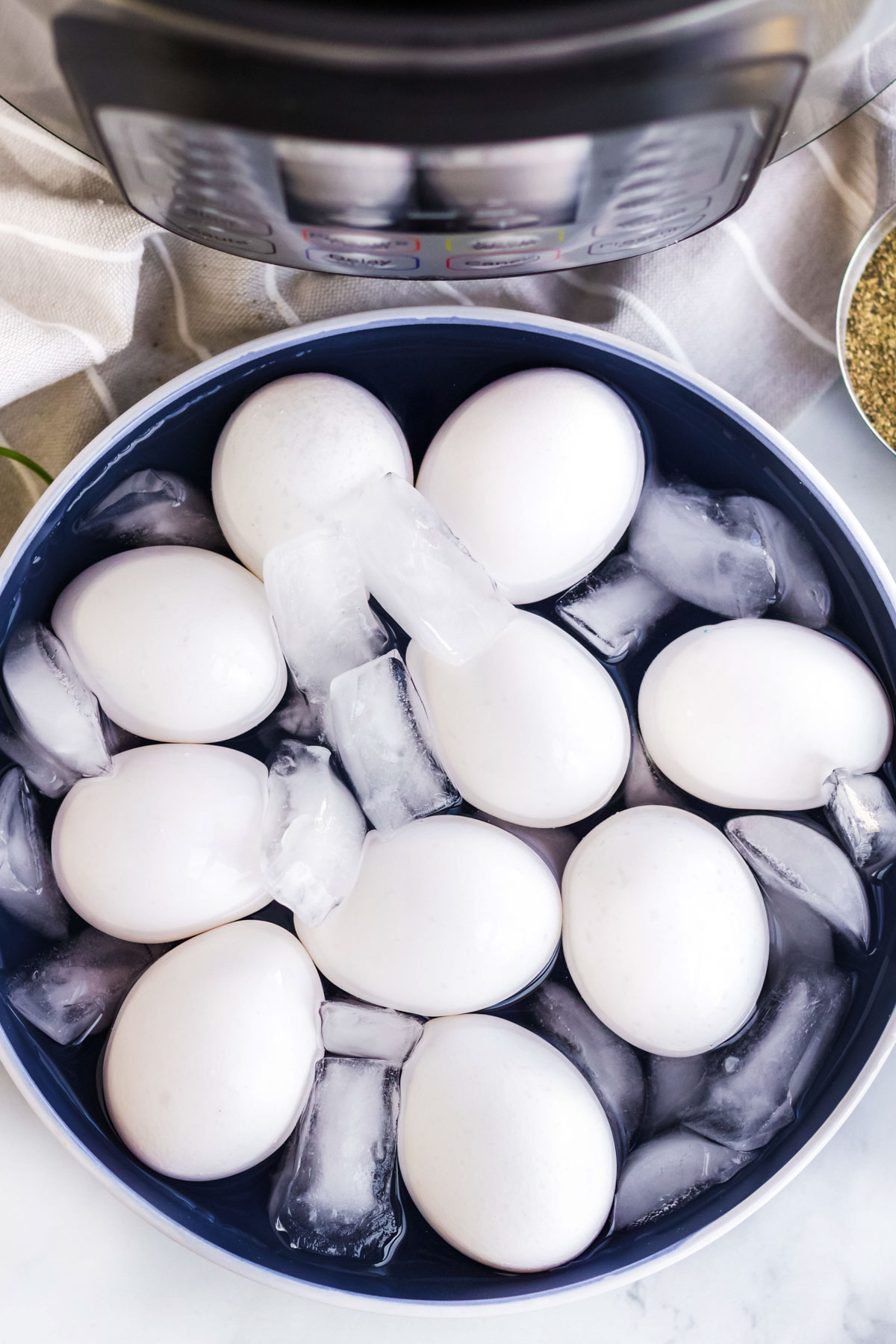 instant pot, eggs in a bowl of ice water