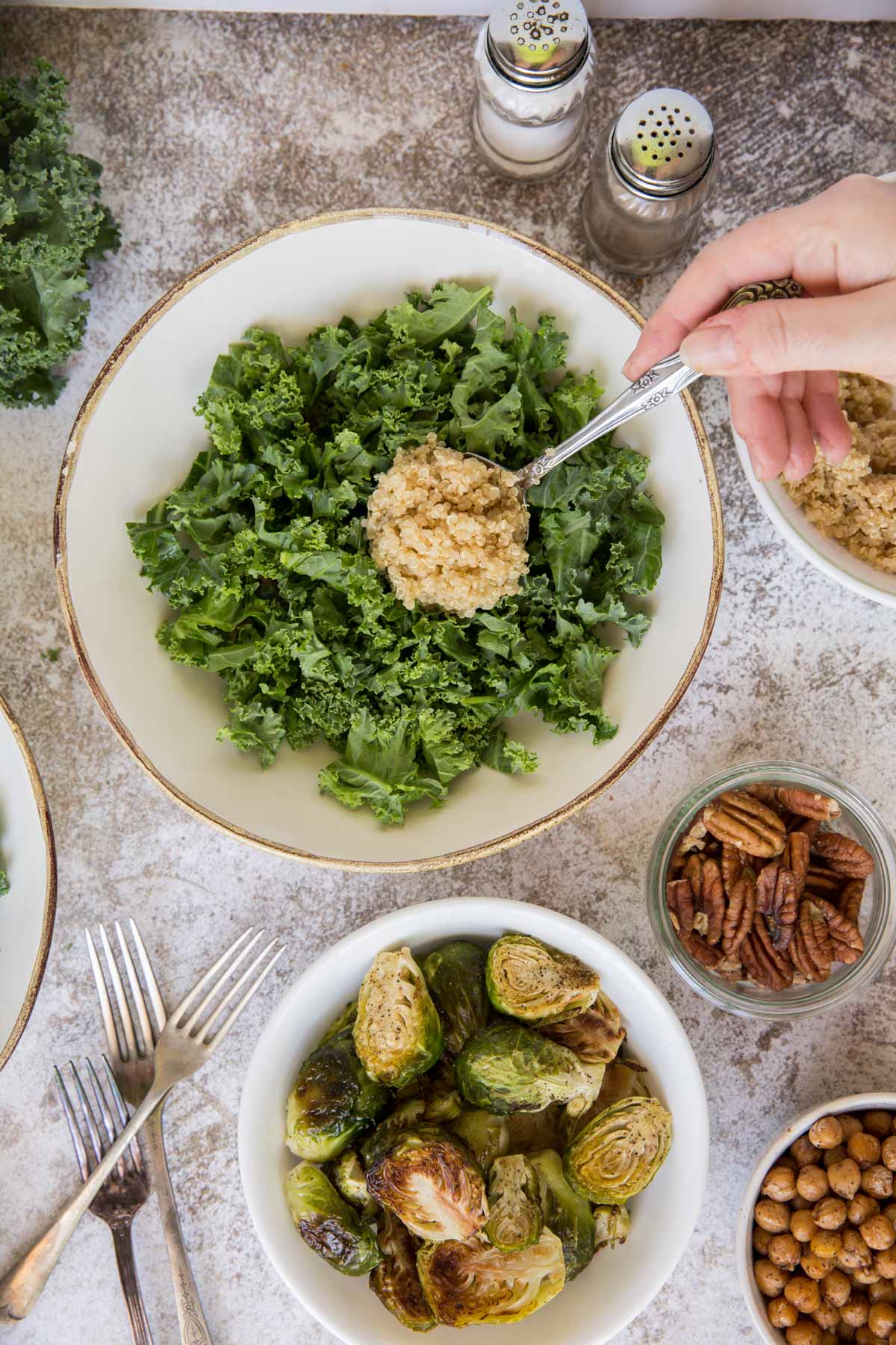 kale, pecans, brussels sprouts, cranberries, white plate, blue napkin