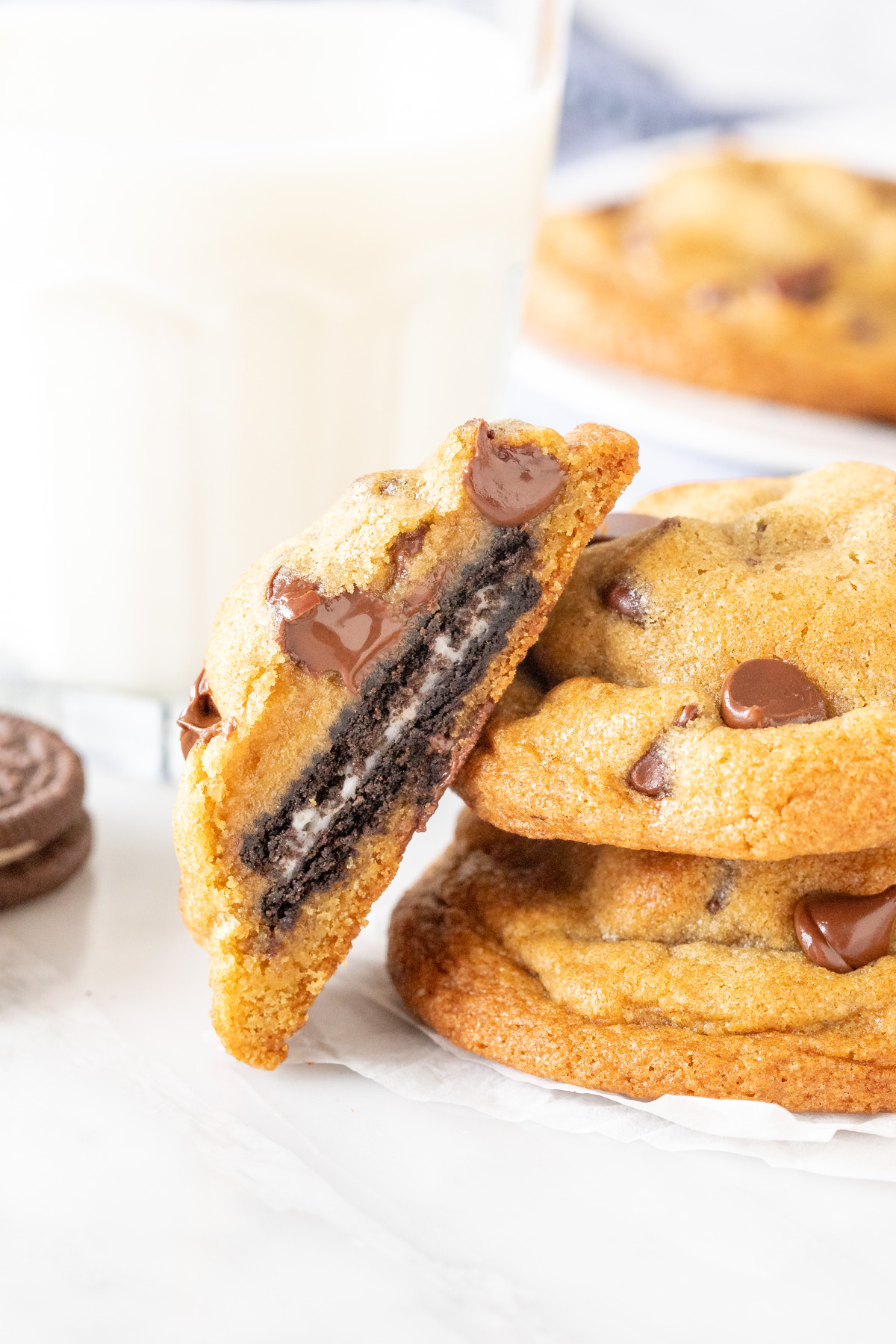 Half of an Oreo stuffed cookie on its side. 