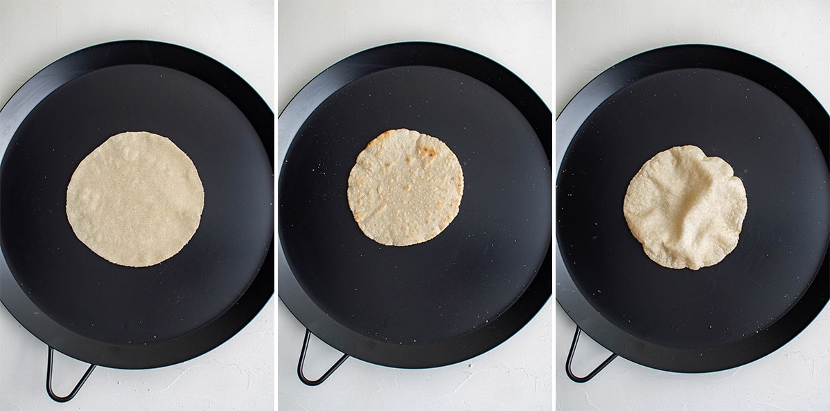 3 images showing how to cook homemade corn tortillas