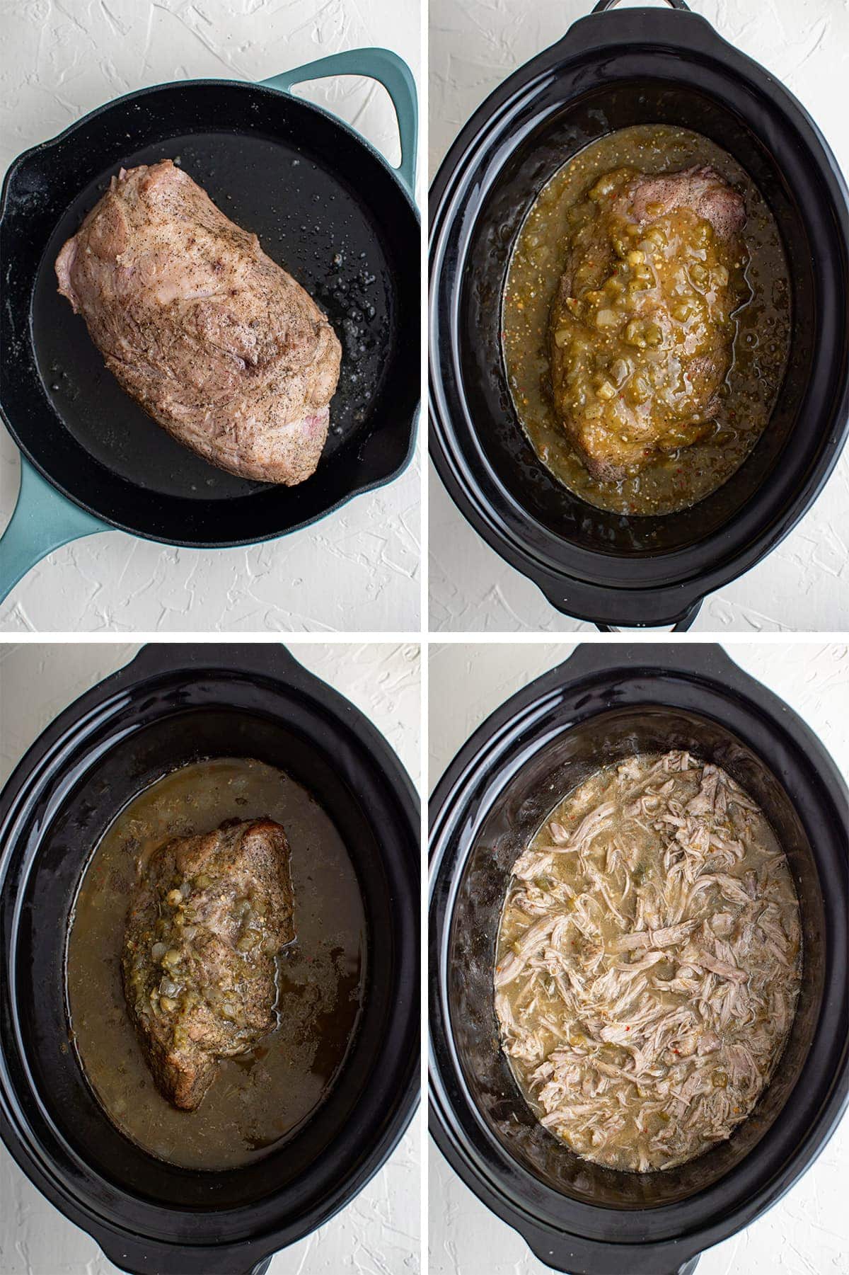 collage of photos showing how to make chile verde in the slow cooker
