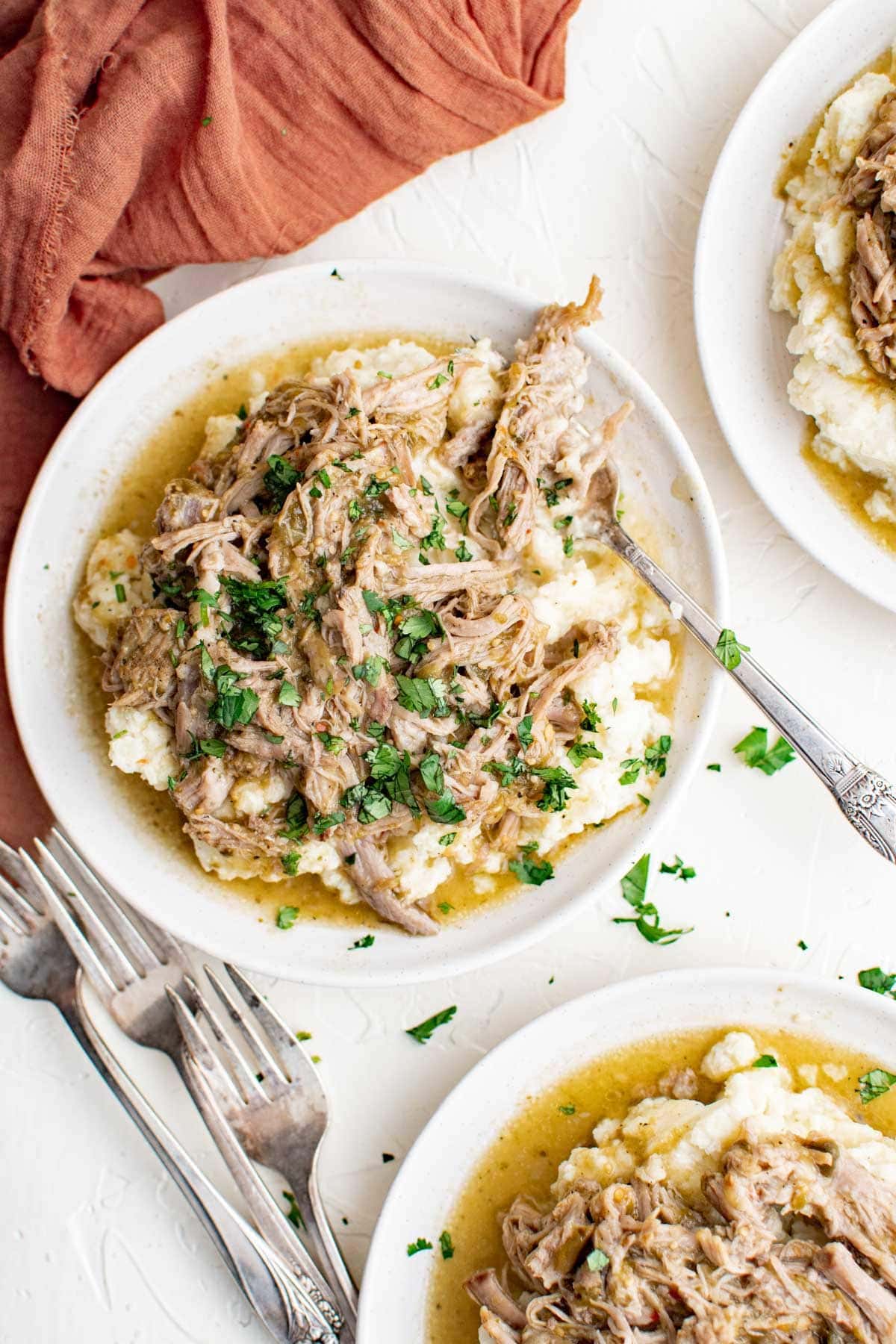 white plates, red napkin, forks, mashed potatoes, pork verde parsley