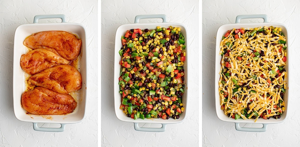 collage of images showing how to assemble southwest chicken bake