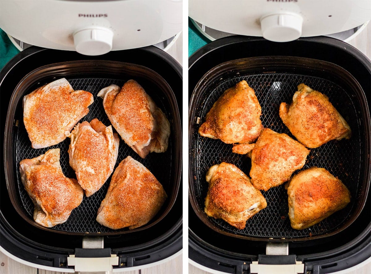 air fryer chicken thighs in air fryer basket, 2 images cooked and uncooked