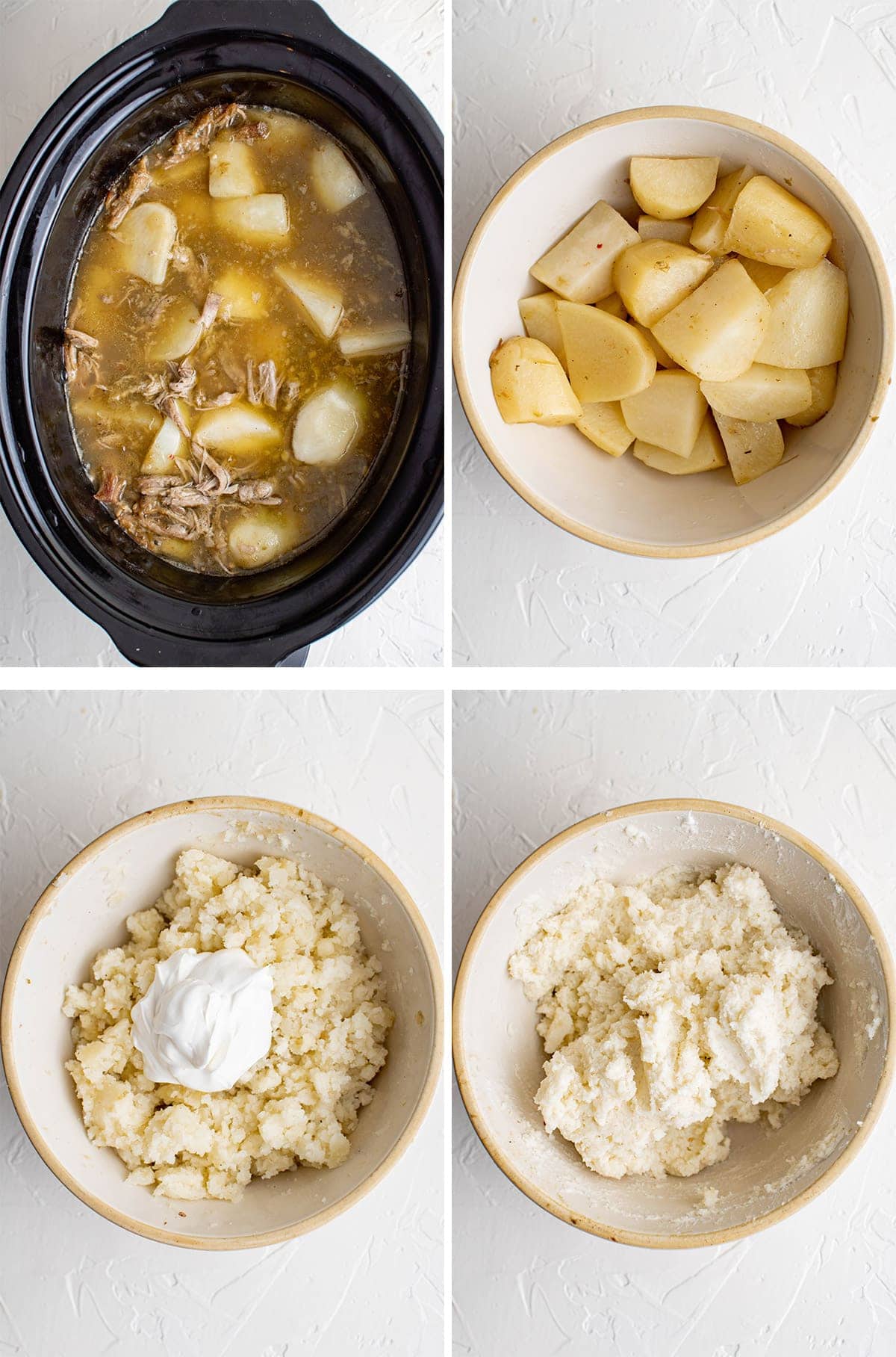 collage of images showing how to make mashed potatoes in the slow cooker with chile verde