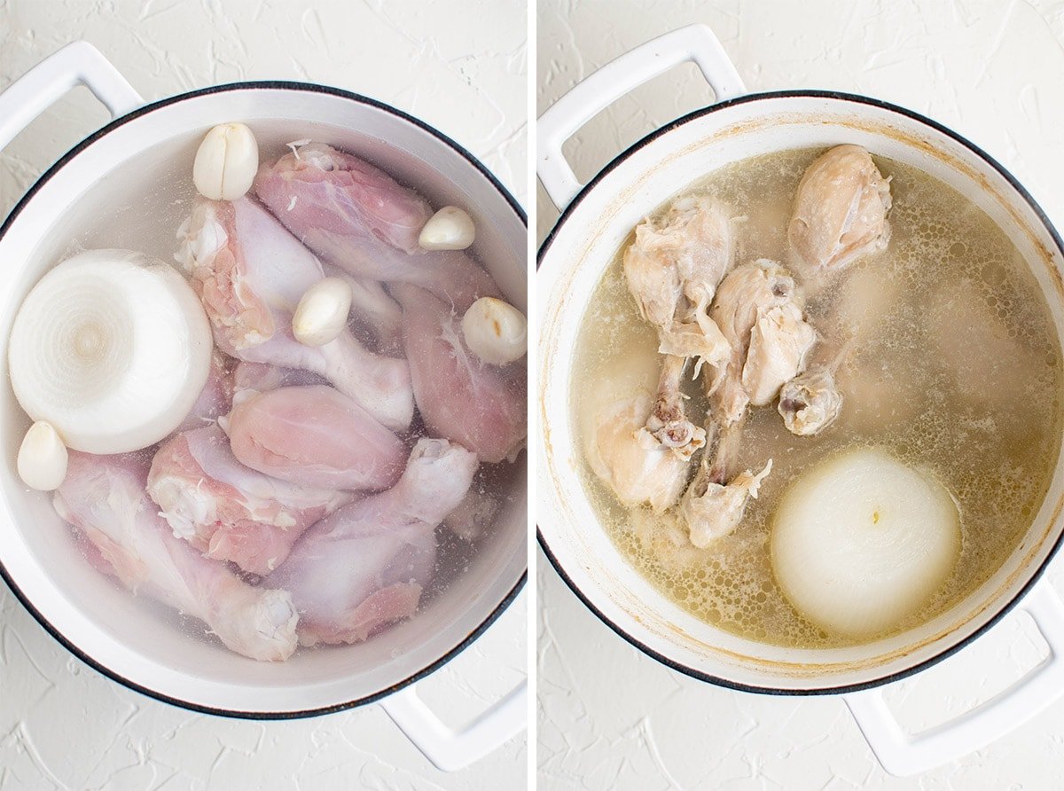 image collage showing chicken in water with onion and garlic.