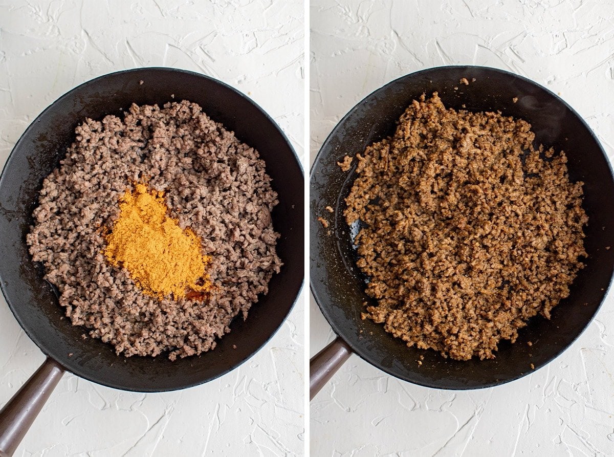 ground beef, cast iron skillet, taco seasoning