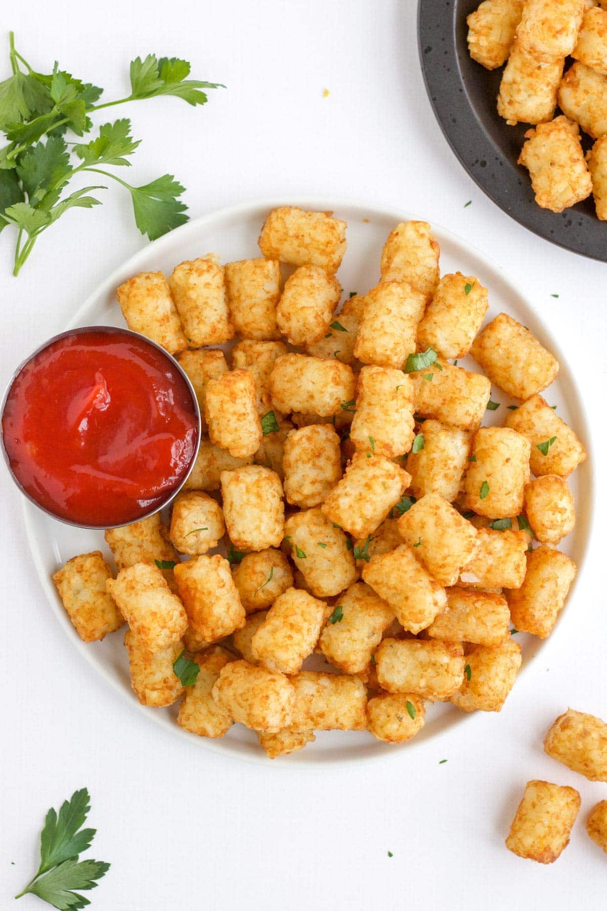 platter of air fryer tater tots, ketchup, parsley