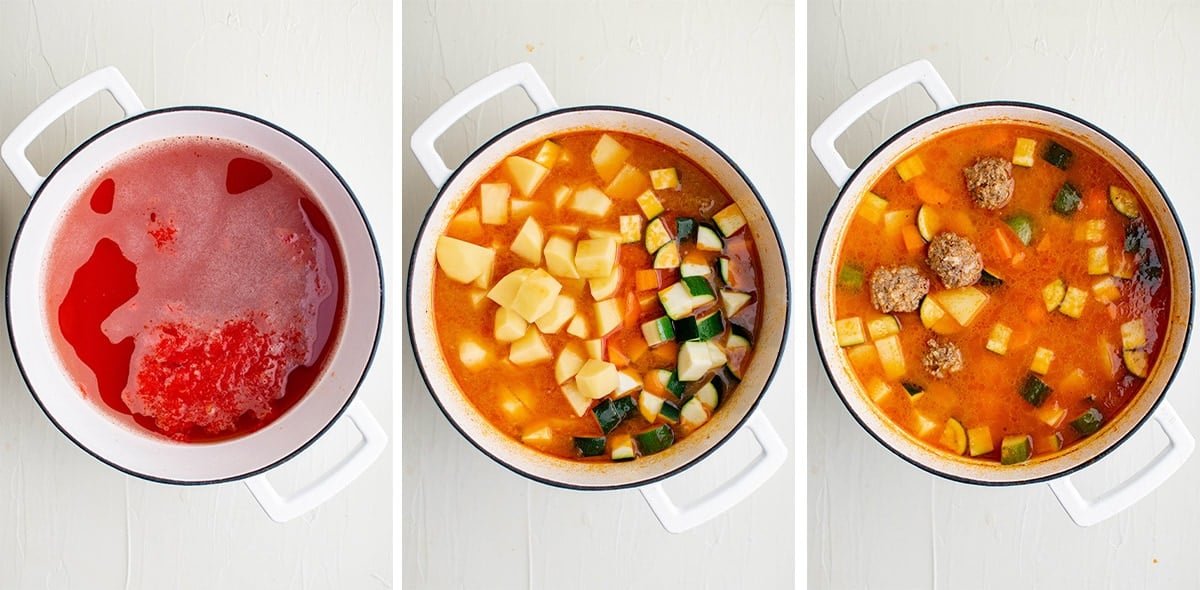 albondigas soup in a white pot