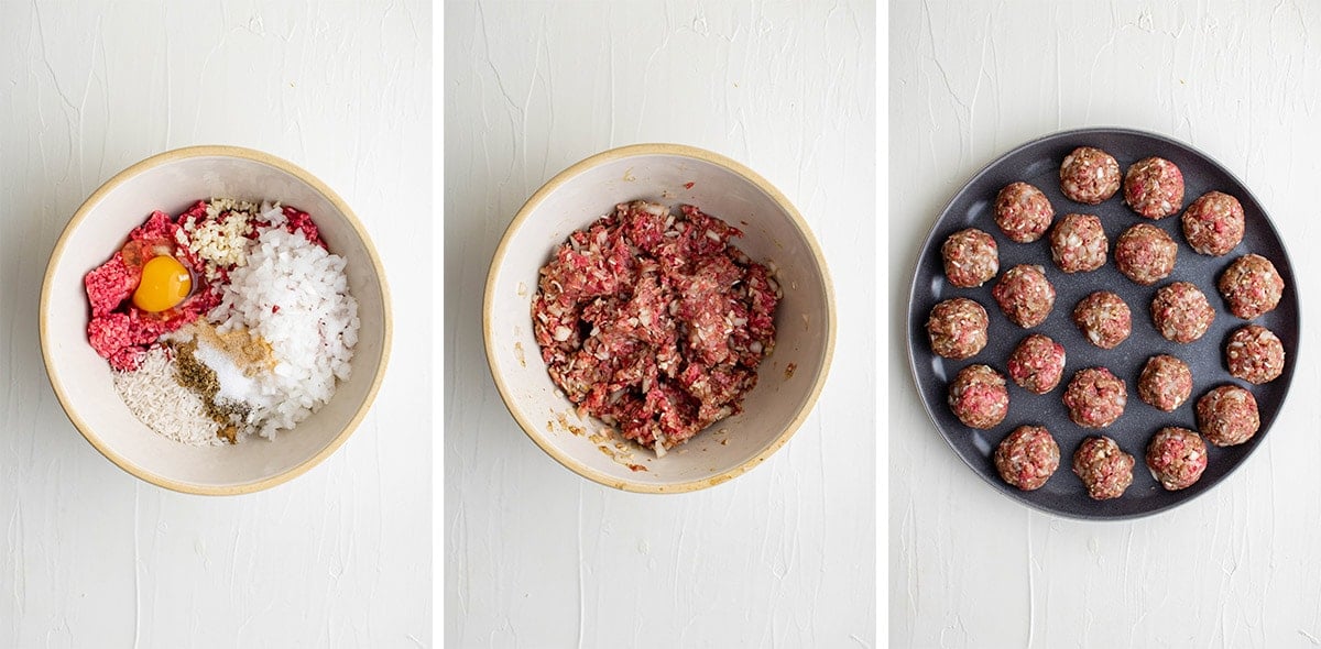 collage of three images showing how to make meatballs