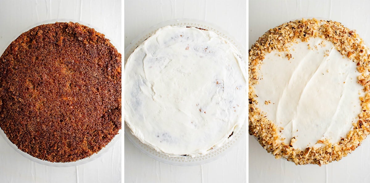 collage of images showing a carrot cake with and without frosting