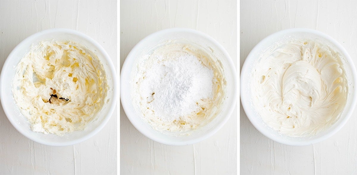 collage of images showing how to make crema cheese frosting