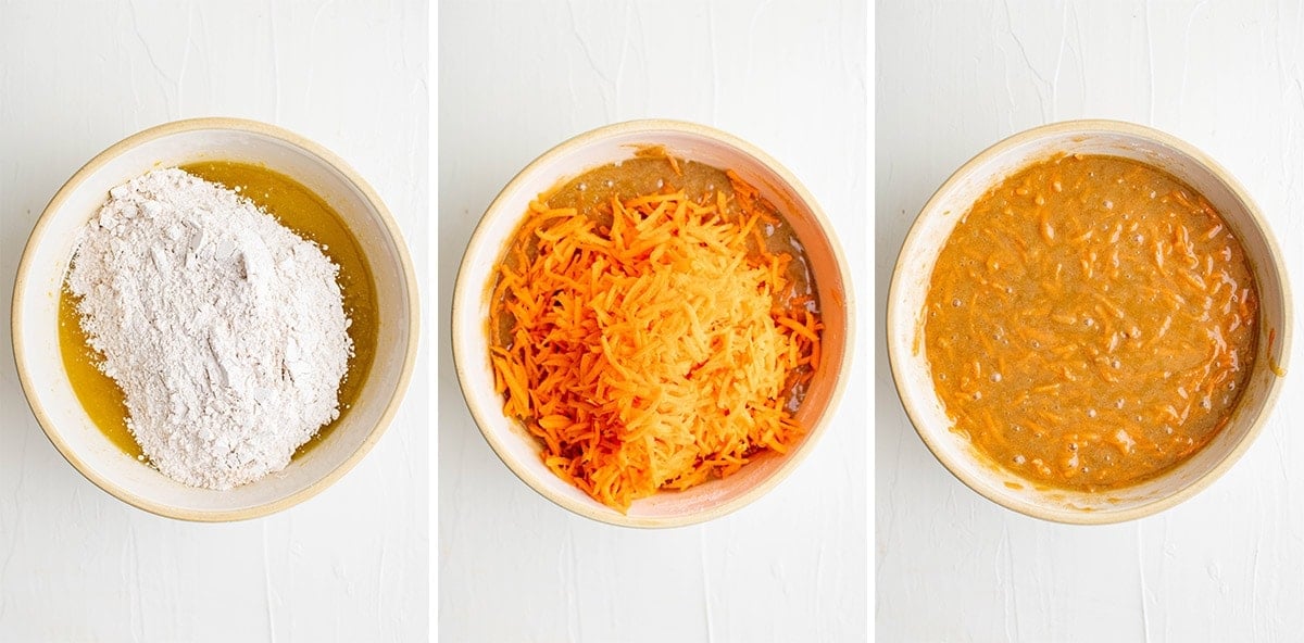 collage of images showing carrot cake batter process steps