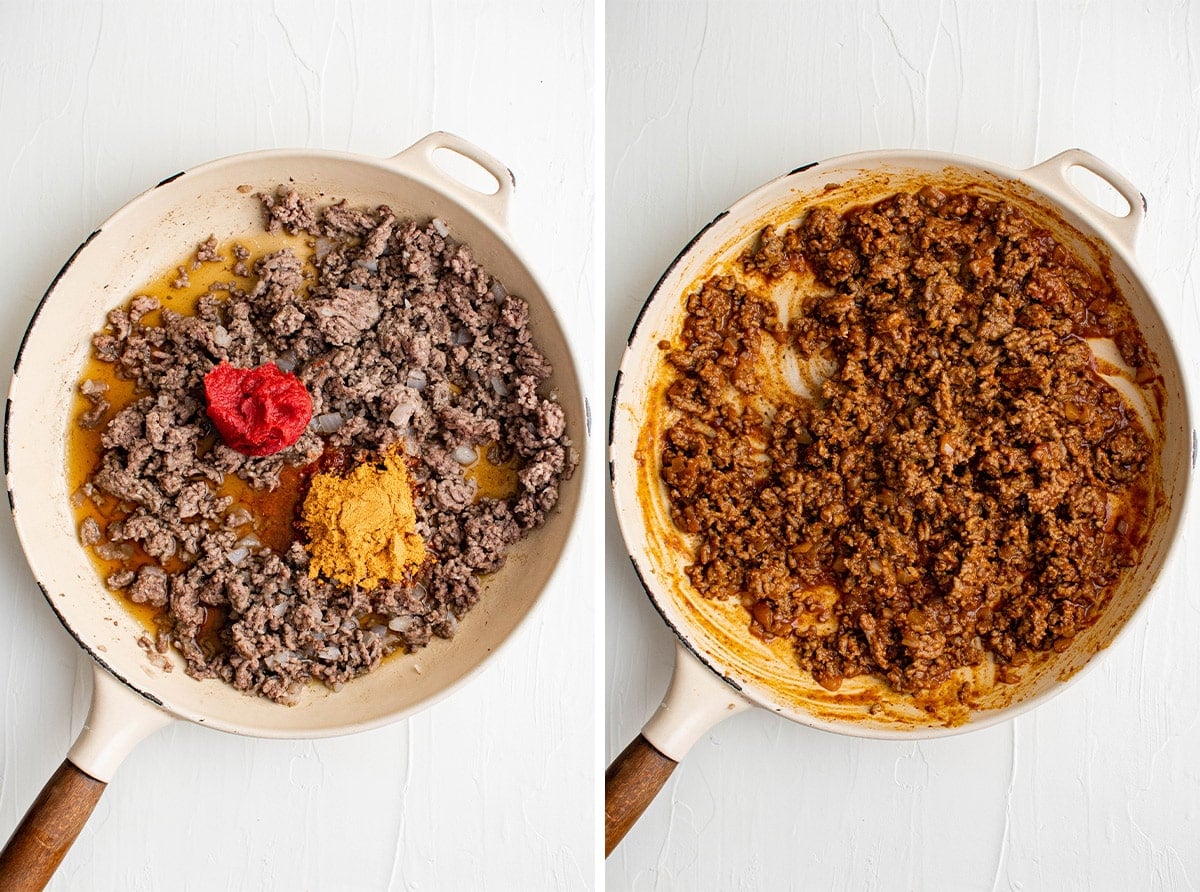 two images of a white skillet with ground beef cooking